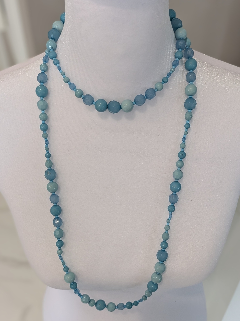 Turquoise Blue Beaded Long Necklace Double Uneven Strands